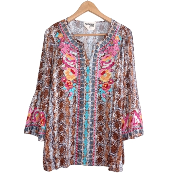 Savanna Jane Tops - Savanna Jane Boho Sz M Bell Sleeve Floral Embroidered Tunic Top